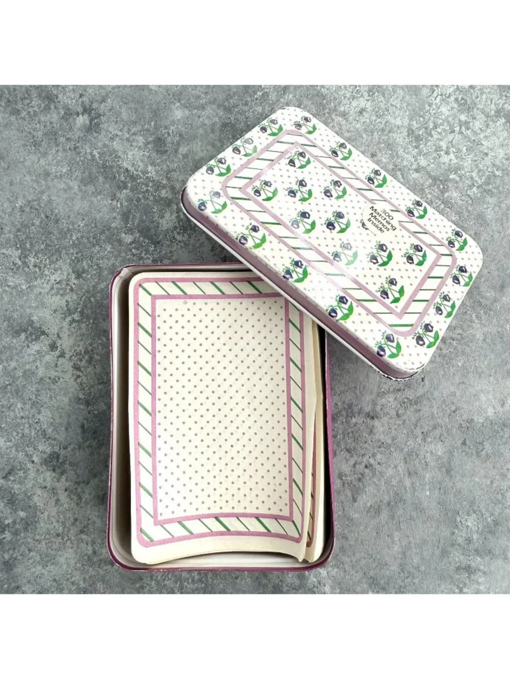 Vintage Giftco Purple Flowers Stationary Notes Paper Tin Made in Hong Kong